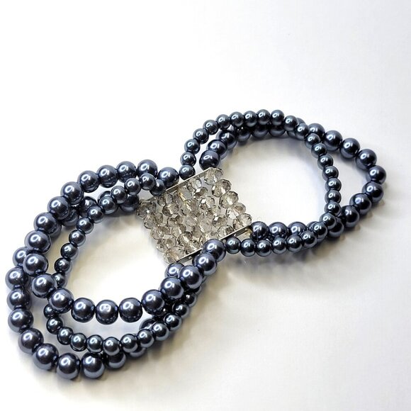 Grey Faux Pearl Stretch Bracelet 5 Strand Wide Faux Pearl Elastic Bracelet - Picture 5 of 8